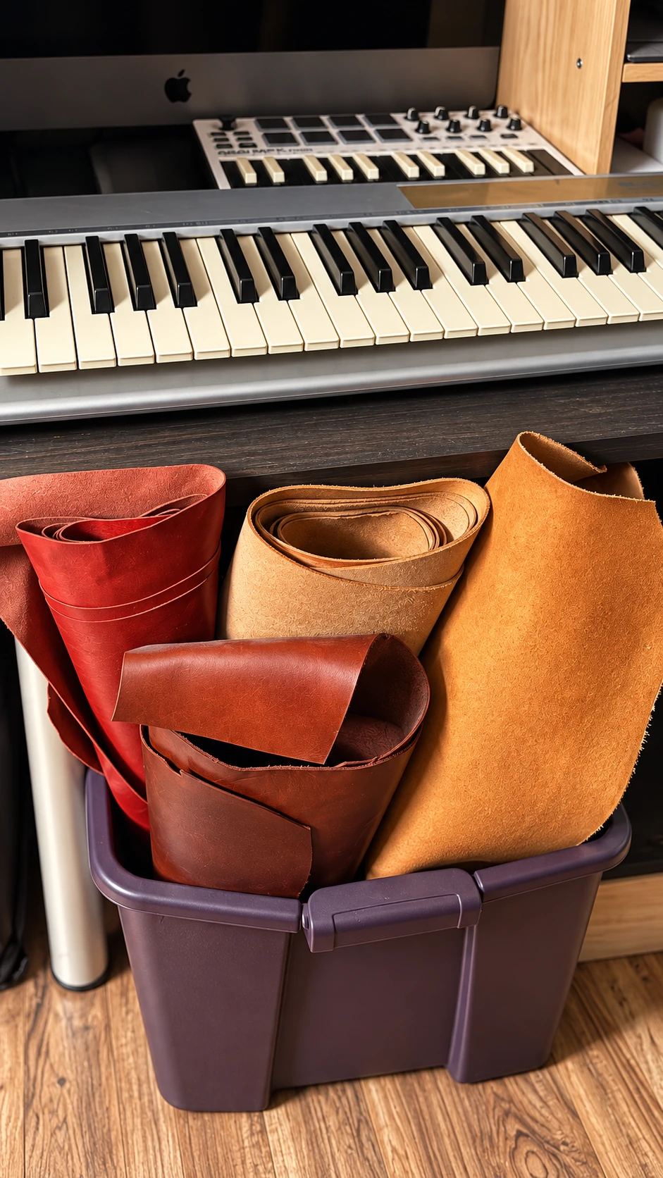 Red, chestnut and tan Italian leather rolls stored below a music keyboard, retouched with AI
