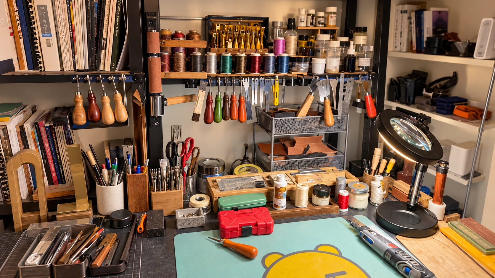 Gowoon’s leathercraft desk with colorful thread, hand tools and a magnifying lamp, retouched with AI