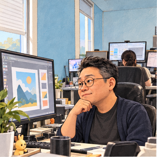 Gowoon at his workstation in the interactive webtoon