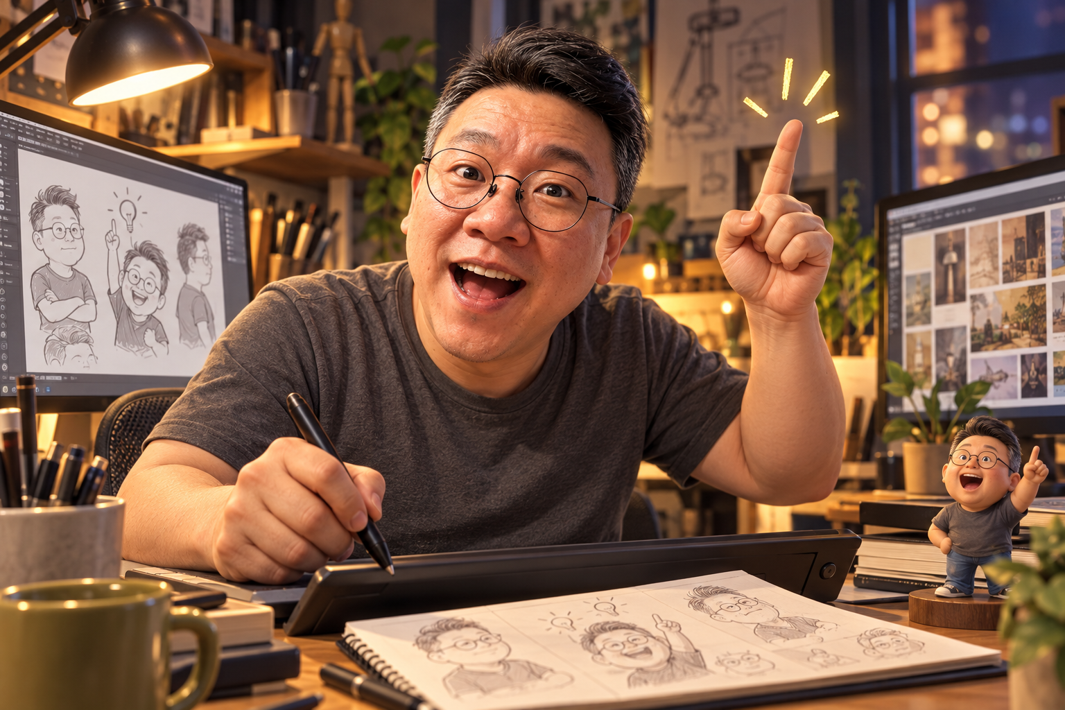 Gowooni excitedly drawing at his creative workstation