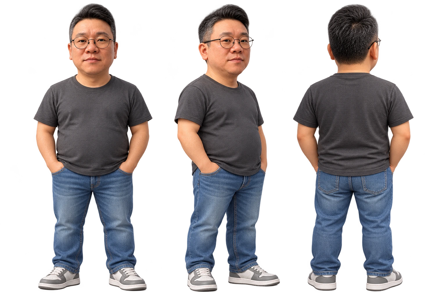 Gowooni in front, three-quarter and back views, with round glasses, a charcoal T-shirt and jeans