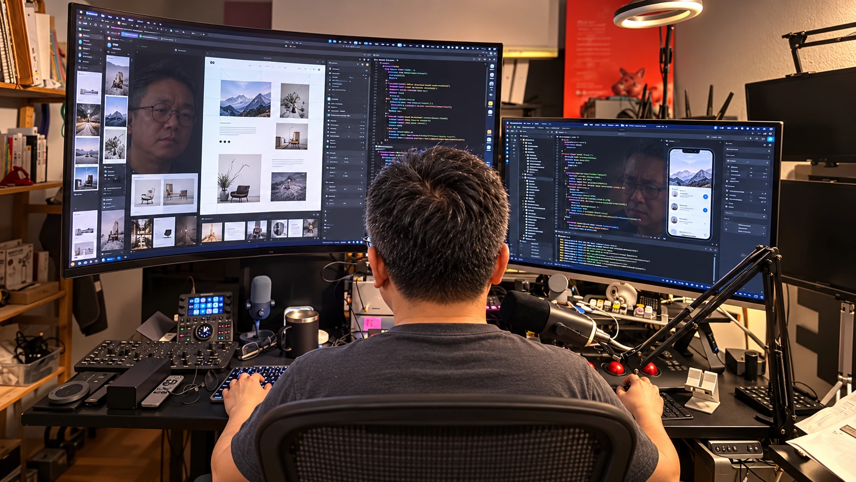 From behind Gowoon at his home desk: websites on the left monitor, app development on the right, tired faces reflected in both screens.