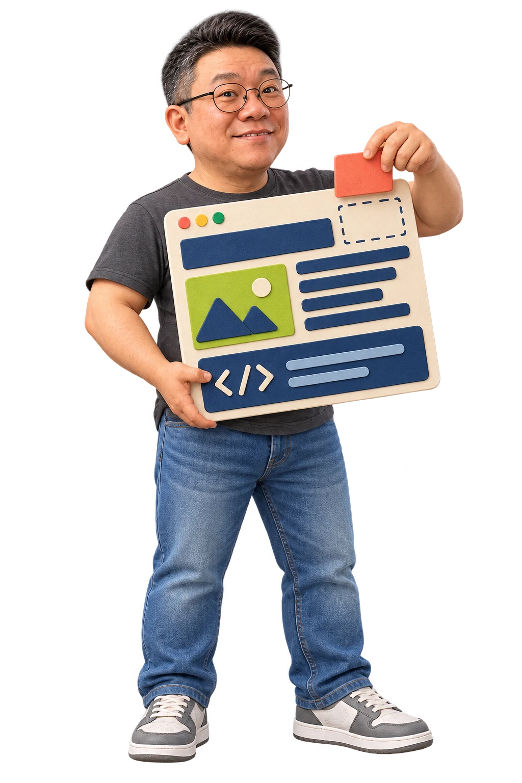Gowoon fitting a handmade website tile into a browser frame